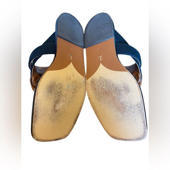 Lafayette 148 Sz 38/8 Brown Navy Blue Sabine Leather Canvas Classic Sandals - Picture 5 of 8